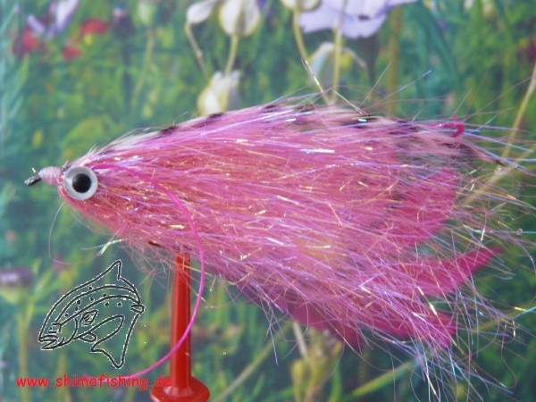 Streamer Fiberfish Pink Grizzly auf Schonhaken, barbless hook